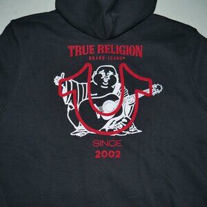 True Religion Buddha Hoodie Men's Size 3XL Sweatshirt Black Red Flocked Logo NWT
